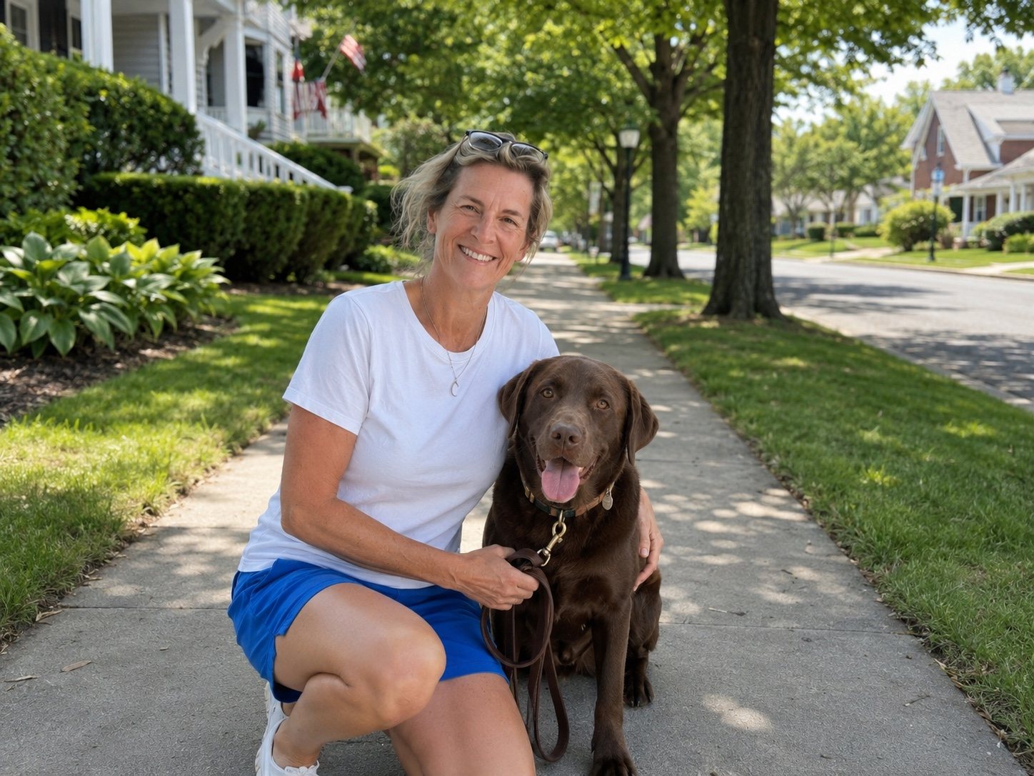 Mary with a chocolate Labrador on a neighborhood sidewalk